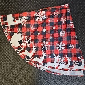 Christmas Roung Tablecloth Red Black Plaid with white Sleigh Reindeer Snowflakes